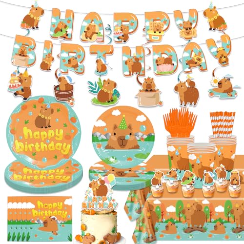 ANTFULCNl 162PCS Capybara Birthday Party Decorations Capybara Party Supplies Disposable Plates and Napkins Set TablewareBanner Hanging Swirls Tablecloth Cake Cupcake Topper Baby Shower - Image 1