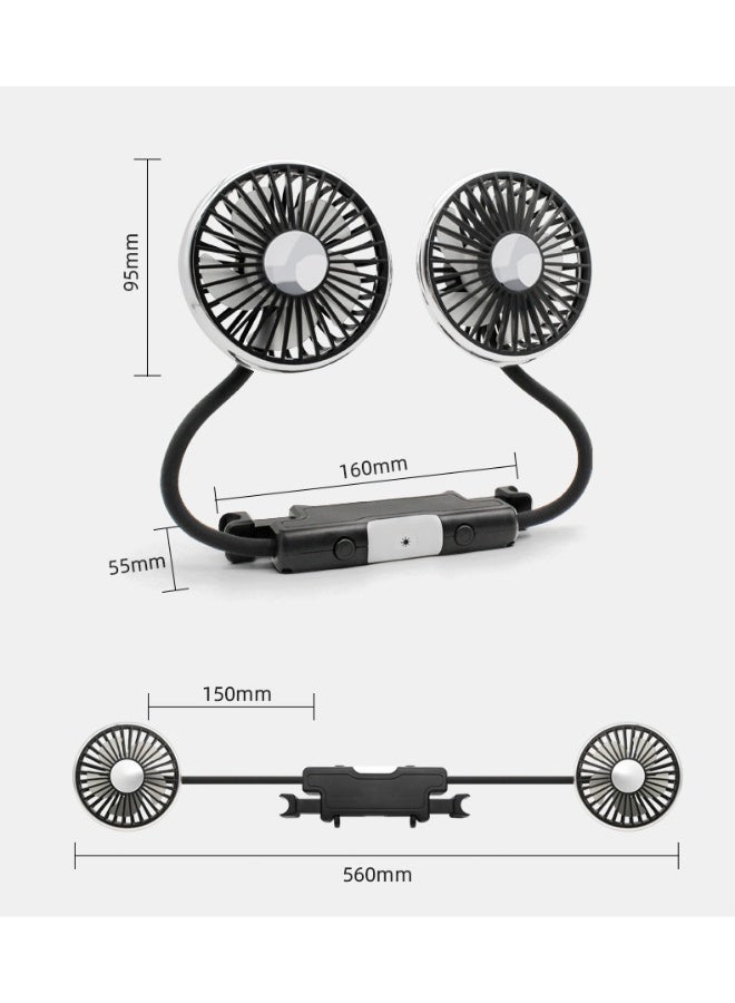 العربية: مروحة سيارة مزدوجة الرأس بخرطوم مرن – قابلة للدوران 360°، بثلاث سرعات، واجهة USB، ذراع مرن لتبريد المقعد الخلفي، متوافقة مع السيارات والكمبيوتر المحمول - Image 2