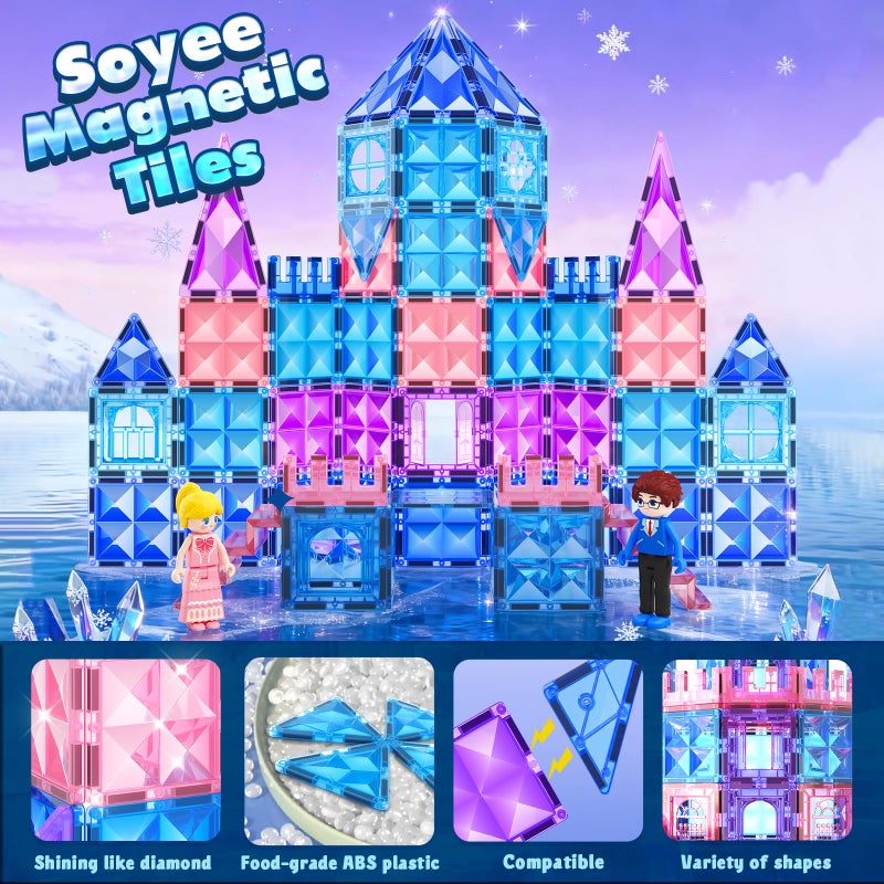 Soyee Magnetic Tiles 102pcs with 2 Stairs 2 Dolls Princess Castle Building Girls Toys Age 4-5 6-8 Magnetic Blocks Birthday Xmas Gifts for Girls Toys for 3 4 5 6 7 8+ Year Old - Image 3