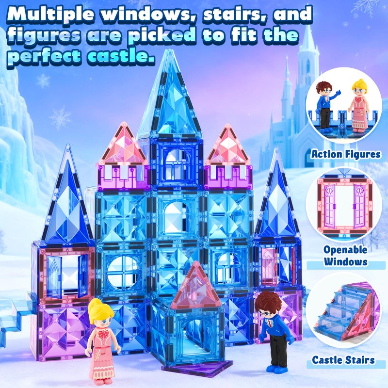 Soyee Magnetic Tiles 102pcs with 2 Stairs 2 Dolls Princess Castle Building Girls Toys Age 4-5 6-8 Magnetic Blocks Birthday Xmas Gifts for Girls Toys for 3 4 5 6 7 8+ Year Old - Image 4