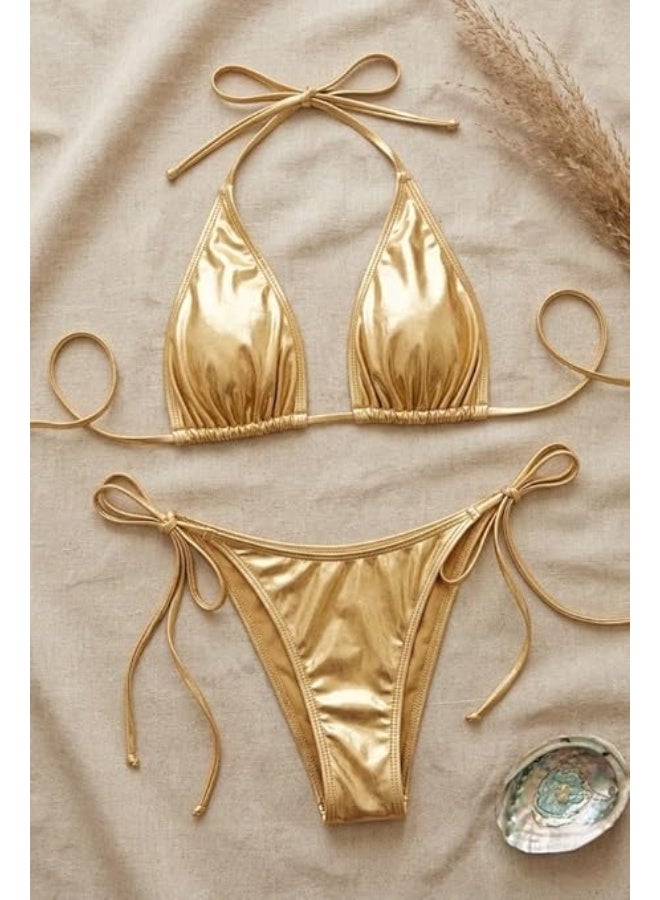 Hanady Women's 2-Piece Shiny Gold Lingerie Set Includes Bra and Side-Tie Panty One Size Hn 9181 - Image 3