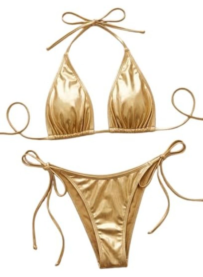 Hanady Women's 2-Piece Shiny Gold Lingerie Set Includes Bra and Side-Tie Panty One Size Hn 9181 - Image 1