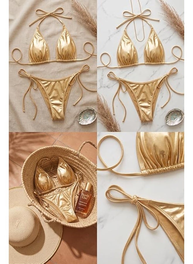 Hanady Women's 2-Piece Shiny Gold Lingerie Set Includes Bra and Side-Tie Panty One Size Hn 9181 - Image 2
