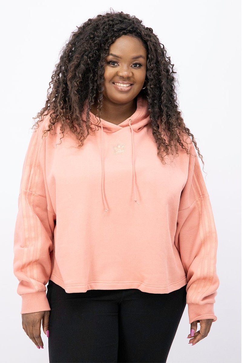 adidas Originals Women Plus Size Embroidered Logo Crop Hoodies, Ash Pink - Image 1