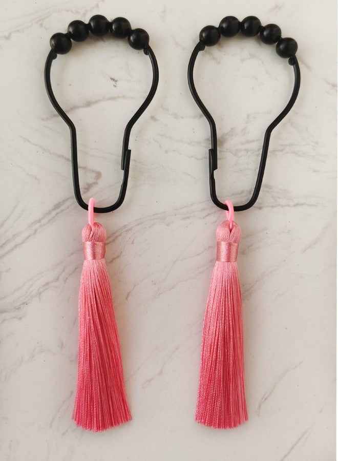 Aimoye Pink Tassel Shower Curtain Hooks - Black Shower Curtain Rings Rust Proof Shower Hooks for Shower Curtain, Decorative Shower Curtain Hooks Ruffle Linen Shower Curtain Noble Elegant Bathroom Decor - Image 3
