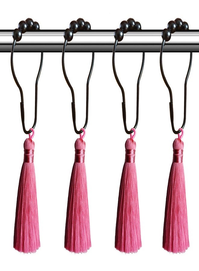 Aimoye Pink Tassel Shower Curtain Hooks - Black Shower Curtain Rings Rust Proof Shower Hooks for Shower Curtain, Decorative Shower Curtain Hooks Ruffle Linen Shower Curtain Noble Elegant Bathroom Decor - Image 1