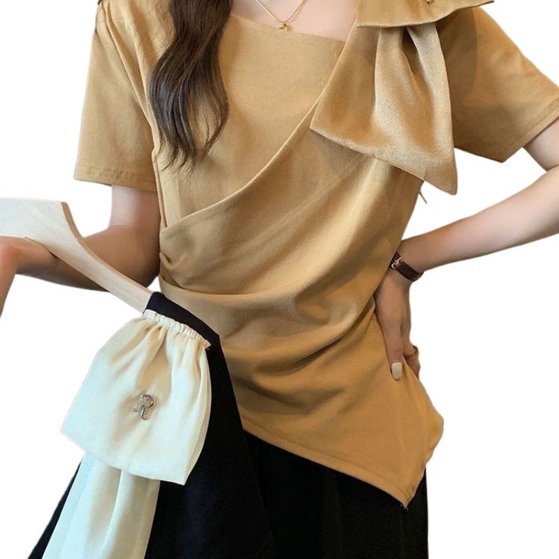 Plus Size Slimming Irregular Stitching Fake Two-Piece Short-Sleeved T-Shirt Women'S Summer Design Top Oblique Collar Base Shirt - Image 5