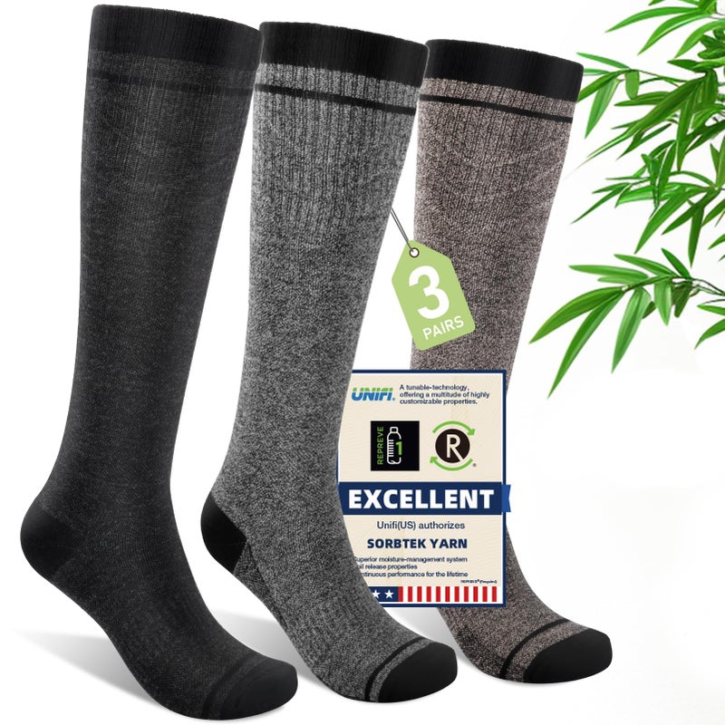 Iambamboo Mens Compression Socks for Men Women (3 Pairs) 15-20 mmHg Bamboo Viscose Knee High Sock for Travel L/XL (Dark Gray&Light Gray&Khaki) - Image 1