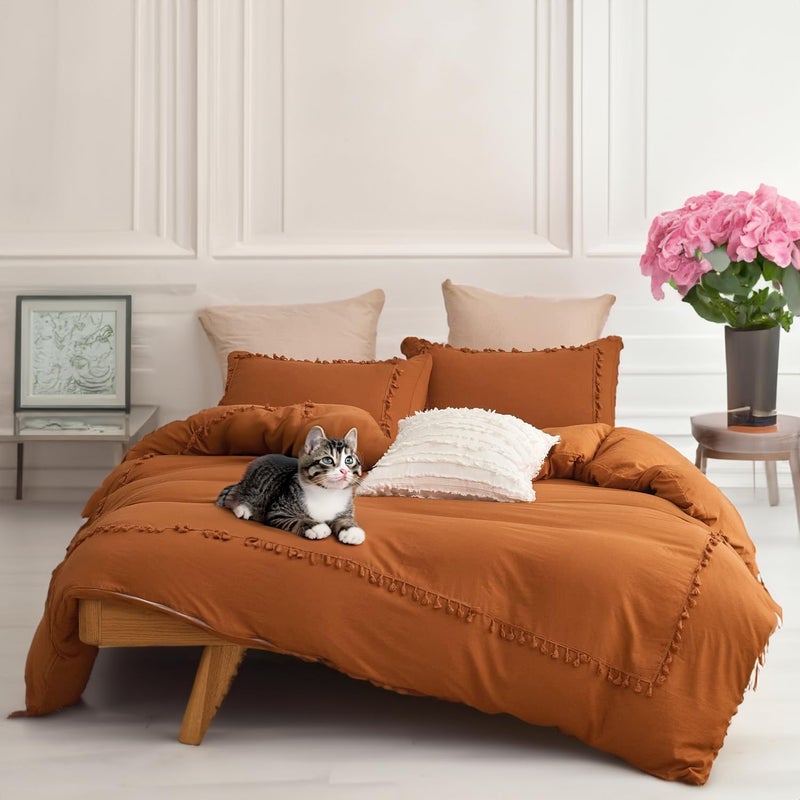 Terracotta Orange Boho Bedding Twin Tufted Tassel Fringe Farmhouse Duvet CoverBoho Chic BeddingSolid Color100 Washed MicrofiberLightweight for All Season Terracotta Twin