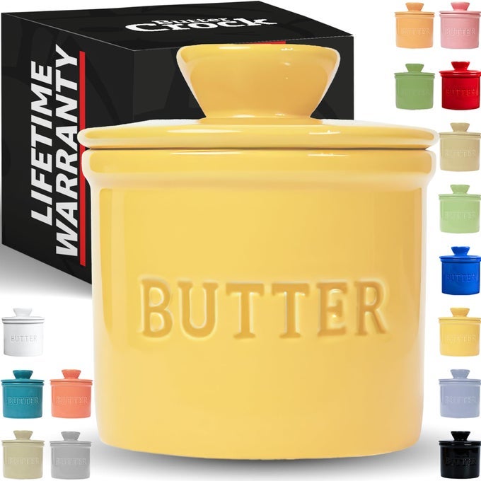 PRIORITYCHEF FRENCH BUTTER CROCK WITH LID GET ON DEMAND SPREADABLE BUTTER CERAMIC BUTTER KEEPER TO LEAVE ON COUNTER WITH WATER LINE KHAKI YELLOW
