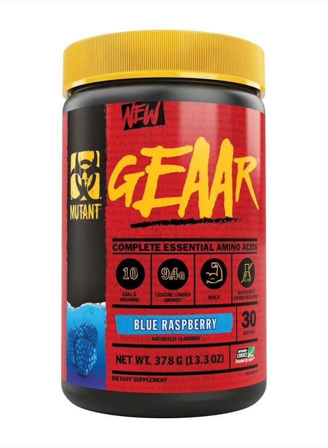 Mutant GEAAR - 9.4g of EAA Powder + Arginine, 7g BCAAs, 4g Leucine, Electrolytes, Coconut Water, No Artificial Colors or Flavors, Delicious Taste - 30 Servings - Blue Raspberry - 378g - Image 1