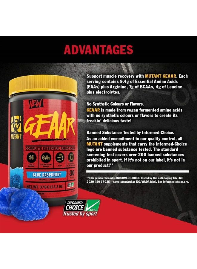Mutant GEAAR - 9.4g of EAA Powder + Arginine, 7g BCAAs, 4g Leucine, Electrolytes, Coconut Water, No Artificial Colors or Flavors, Delicious Taste - 30 Servings - Blue Raspberry - 378g - Image 3