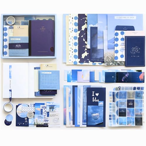 The AutoStory Scrapbook Set A6 Junk Journal Notebook Aesthetic Stickers Paper Pack Washi Tape DIY Craft Art Diary Planner Decor Keepsake Gift Teens Girls (The Wind Chases The Clouds, Blue) - Image 1
