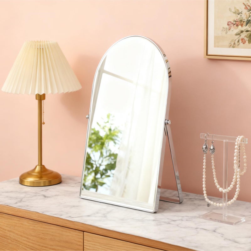 Numjeg Silver Metal Mirror Vanity Table Desk Arch Makeup Mirror 90Â°Adjustable Rotation Framed Standing Mirrors Room Decor for Living Room,Bedroom,Tabletop,Bathroom - Image 1