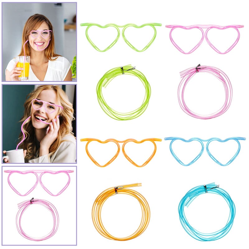 Gelme Nutri 8PCS Silly Straw Glasses  Reusable Fun Loop Drinking Straw Eye Glasses  Novelty Eyeglasses Straw for Party Annual Meeting Parties Birthday (4 Colors Heart) - Image 5