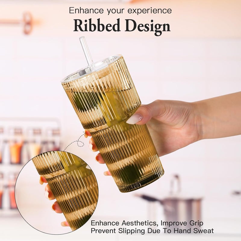 SIPBYSOP 2PCS Amber Ribbed Glass Cups with Lids and Straws, 20oz Vintage Drinking Glasses, Aesthetic Iced Coffee Cups, Glass Tumbler for Boba, Beer, Tea, Cocktails, Ribbed Glassware Set,Amber Brown Glass Cup - Image 3