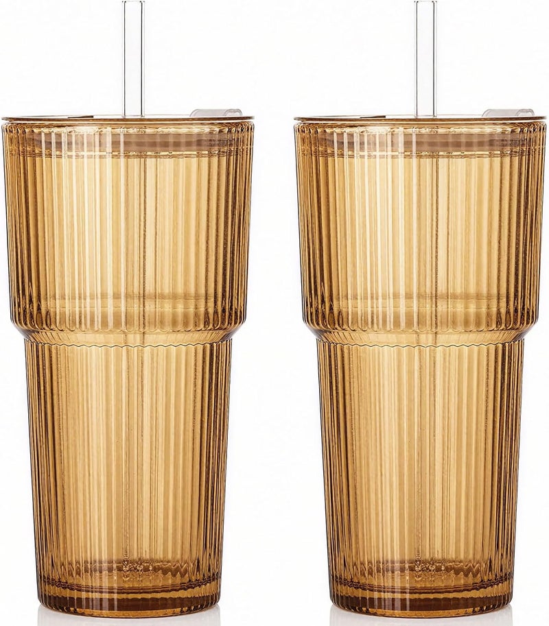 SIPBYSOP 2PCS Amber Ribbed Glass Cups with Lids and Straws, 20oz Vintage Drinking Glasses, Aesthetic Iced Coffee Cups, Glass Tumbler for Boba, Beer, Tea, Cocktails, Ribbed Glassware Set,Amber Brown Glass Cup - Image 1