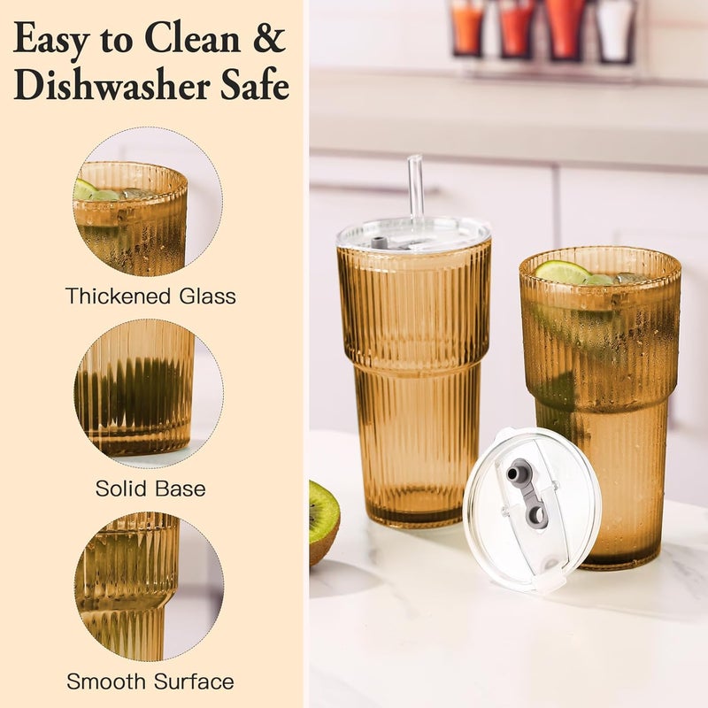 SIPBYSOP 2PCS Amber Ribbed Glass Cups with Lids and Straws, 20oz Vintage Drinking Glasses, Aesthetic Iced Coffee Cups, Glass Tumbler for Boba, Beer, Tea, Cocktails, Ribbed Glassware Set,Amber Brown Glass Cup - Image 5