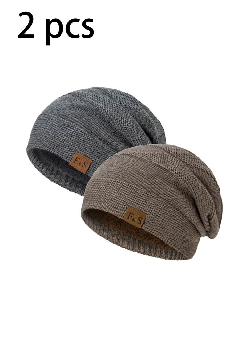 OMEVE 2Pcs Woolen Caps, Thermal Pullover Hat, Unisex Fashion Knit Cuffed Caps, Fleece Lined Beanie Warm Winter Caps, Solid Color Warm Woolen Hat (Grey and Khaki)  - Image 1