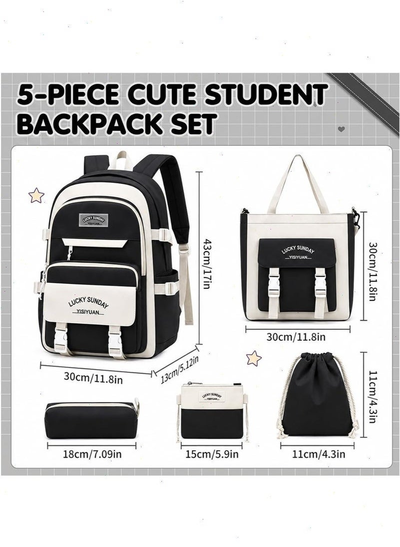 School Bags for Girls, 5Pcs School Backpack Set with Lunch Bag, Pencil Case, Handbag, Coin Purse for Teen Grils (Black) - Image 2