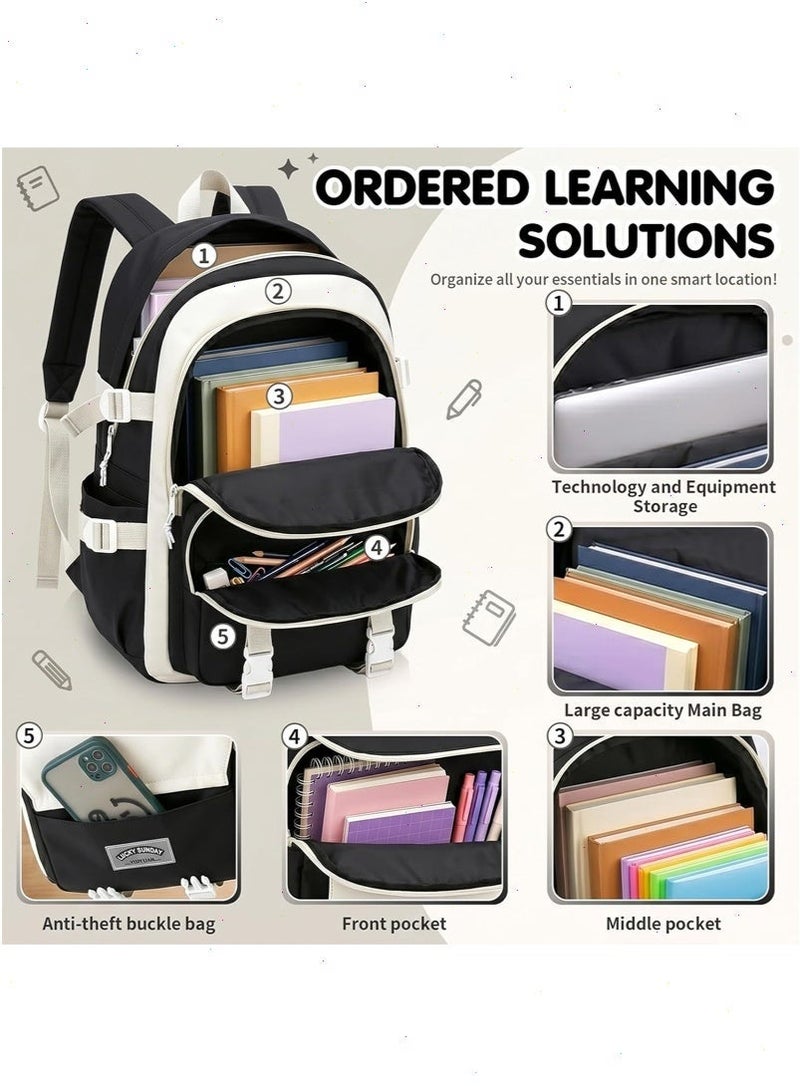 School Bags for Girls, 5Pcs School Backpack Set with Lunch Bag, Pencil Case, Handbag, Coin Purse for Teen Grils (Black) - Image 3