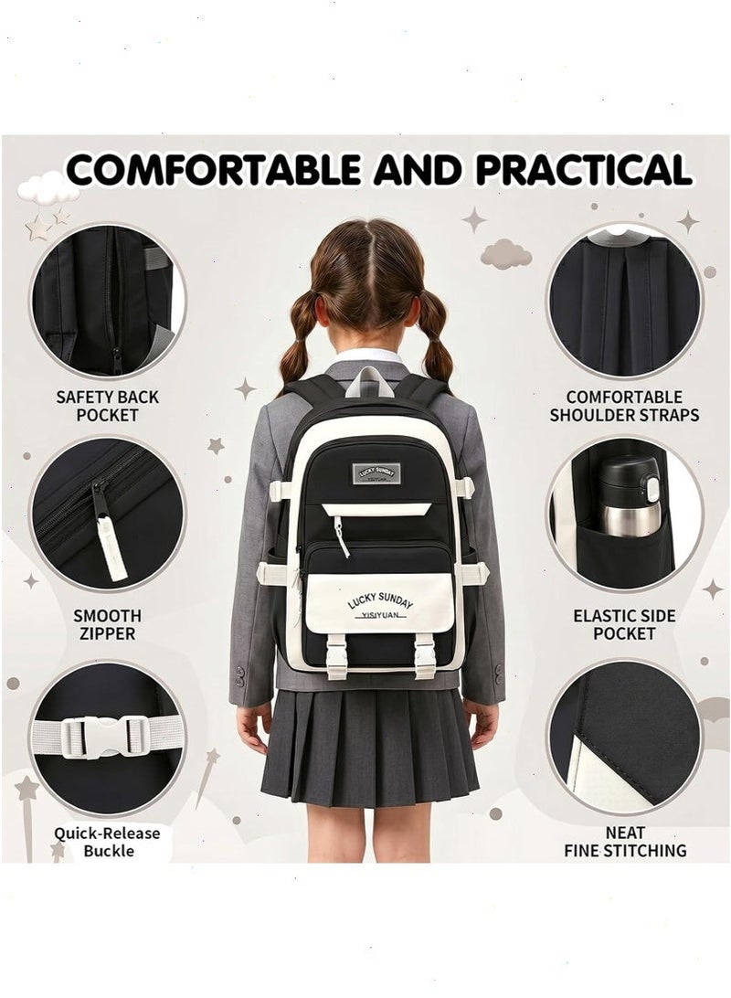 School Bags for Girls, 5Pcs School Backpack Set with Lunch Bag, Pencil Case, Handbag, Coin Purse for Teen Grils (Black) - Image 4