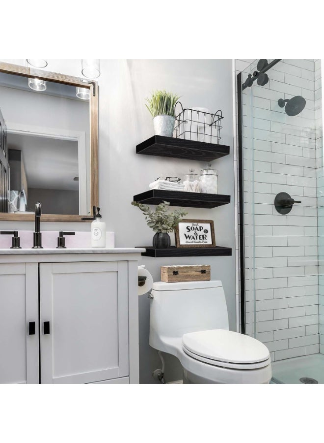 أرفف عائمة 40 سم، مجموعة من 3 أرفف حائطية بلمسة نهائية خشبية ريفية، أرفف لتزيين الحائط، مع حوامل غير مرئية للحمام وغرفة المعيشة وغرفة النوم والمطبخ (أسود) - Image 3