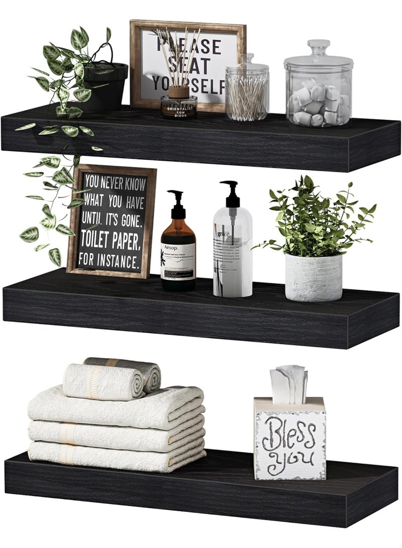 أرفف عائمة 40 سم، مجموعة من 3 أرفف حائطية بلمسة نهائية خشبية ريفية، أرفف لتزيين الحائط، مع حوامل غير مرئية للحمام وغرفة المعيشة وغرفة النوم والمطبخ (أسود) - Image 1