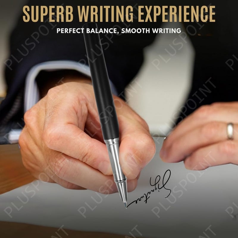 PLUSPOINT قلم حبر سائل من الفولاذ المقاوم للصدأ - قلم فاخر مذهل بتشطيب أسود معدني، قلم بإبرة إيريديوم، هدية قلم للرجال والنساء، محترف، مكتبي تنفيذي، أقلام مصممة جميلة للأطفال - Image 2