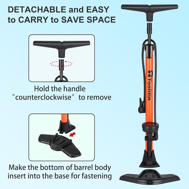 TOOLITIN Floor Bike Pump with Gauge,160 PSI High Pressure,Bicycle Pump Compatible with Presta and Schrader Valve - Image 2