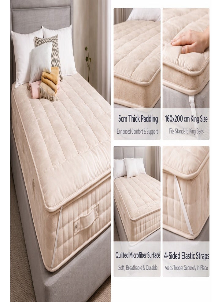 DORMICO Microfiber Mattress Topper 5cm Thick 160x200 cm King Size Quilted Bed Topper with Elastic Straps Beige - Image 2