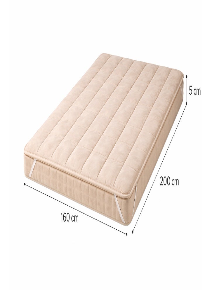 DORMICO Microfiber Mattress Topper 5cm Thick 160x200 cm King Size Quilted Bed Topper with Elastic Straps Beige - Image 3