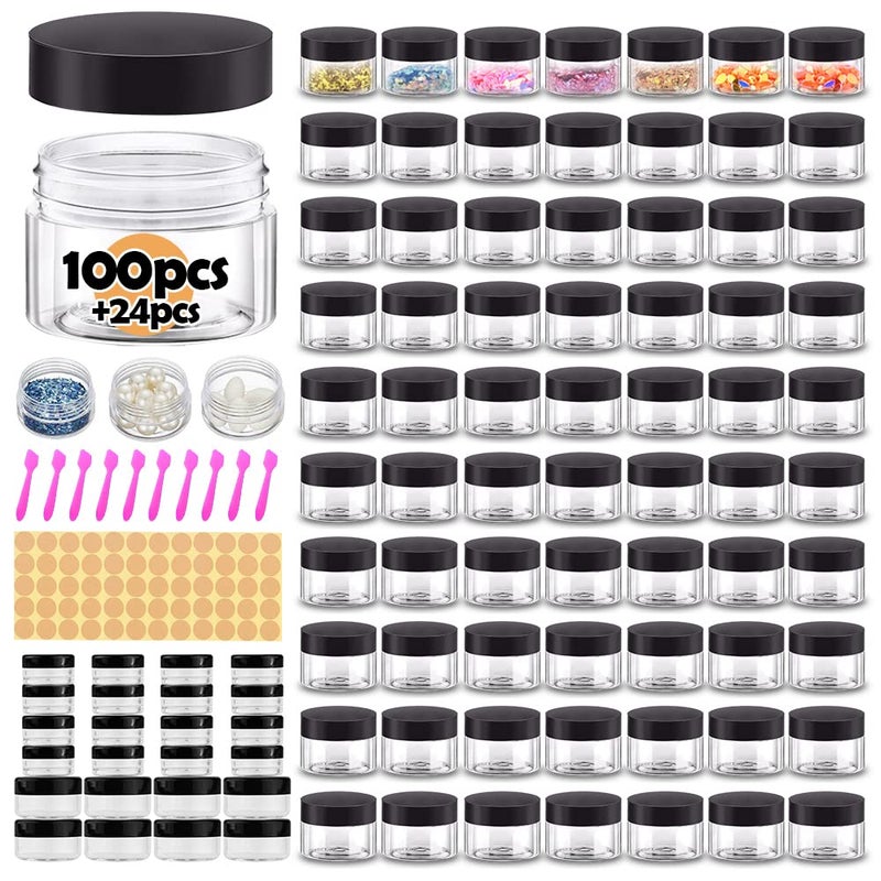AMORIX 1 oz Plastic Containers with Lids 100pcs Plastic Jars with Lids + 3/5/10 Gram 24pcs Sample Containers Travel Jar– Great for Lip Scrub, Body Butters, Cream, Lotion, Labels & Spatulas (124 Pack)