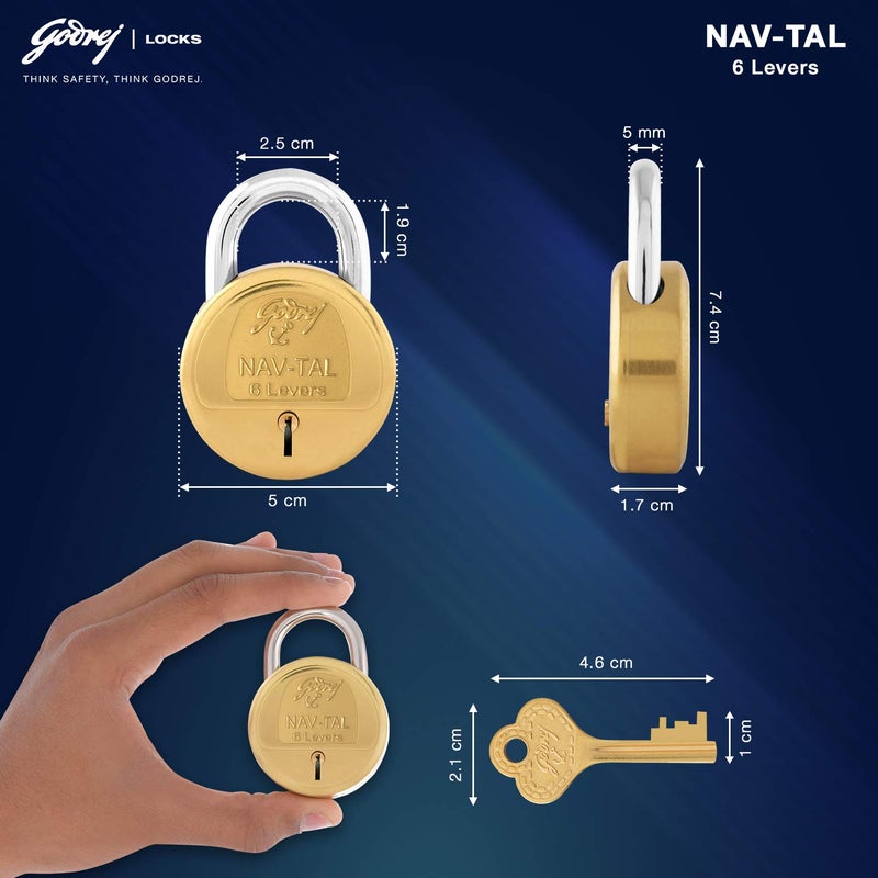 Godrej Locking Solutions and Systems Godrej Locks Navtal 6 Levers Brass Lock with 3 Keys Brown Set of 1 Polished Finish  - Image 2