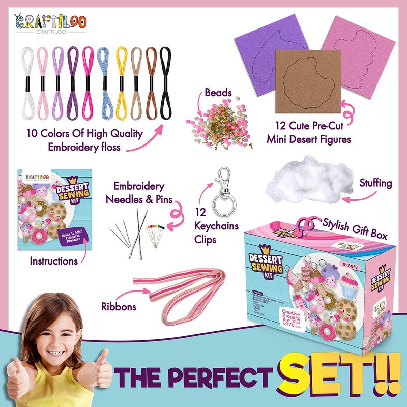 CRAFTILOO 12 Pre-Cut Mini Treats Dessert Fun Kids Sewing Kit for Kids Ages 8-12 Children Beginners Sewing kit Kid Crafts Make Your Own Felt Pillow Plush Craft Kit Girls and Boys Art Craft Kits Learn to Sew Kit - Image 2