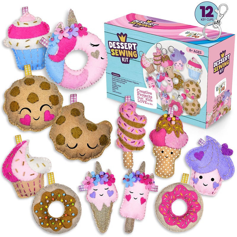 CRAFTILOO 12 Pre-Cut Mini Treats Dessert Fun Kids Sewing Kit for Kids Ages 8-12 Children Beginners Sewing kit Kid Crafts Make Your Own Felt Pillow Plush Craft Kit Girls and Boys Art Craft Kits Learn to Sew Kit - Image 1