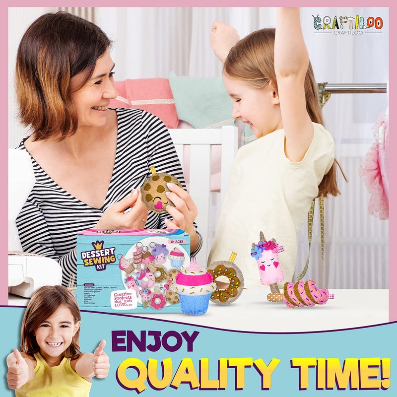 CRAFTILOO 12 Pre-Cut Mini Treats Dessert Fun Kids Sewing Kit for Kids Ages 8-12 Children Beginners Sewing kit Kid Crafts Make Your Own Felt Pillow Plush Craft Kit Girls and Boys Art Craft Kits Learn to Sew Kit - Image 5