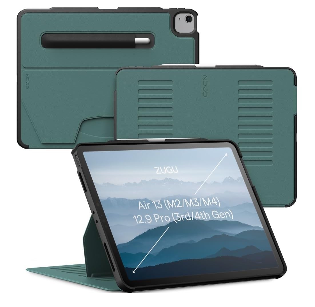 Zugu Case for iPad Air 13 Inch M4 2026, M3 2025 & M2 &/12.9 inch (3rd/4th Gen), Slim Protective Cover with Apple Pencil Charging & Storage, Auto Wake/Sleep, Multiple Viewing Angles (Pine)