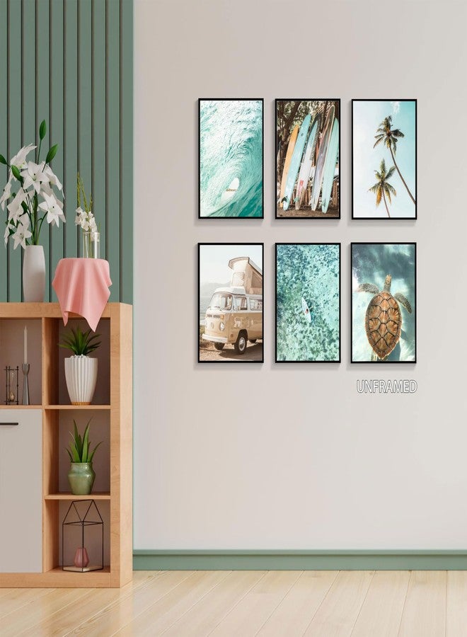 EVPYXFUT Set of 6 Tropical Beach Canvas Wall Art Surf Poster Summer Ocean Coastal Pictures Turtle Print Palm Tree Surfboard Gallery Paintings Nautical Bus Wall Decor for Bedroom Bathroom Unframed - Image 3