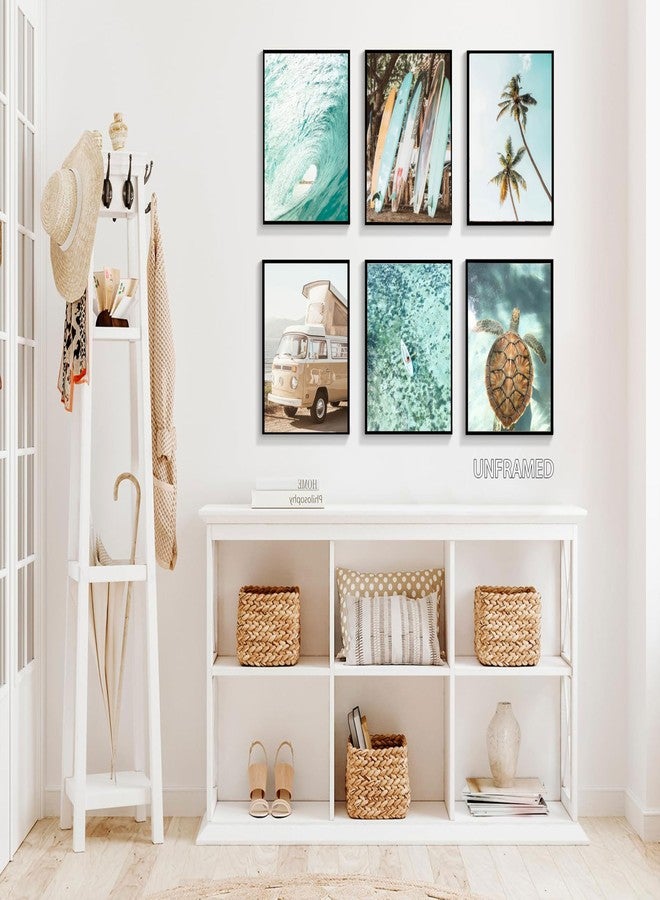 EVPYXFUT Set of 6 Tropical Beach Canvas Wall Art Surf Poster Summer Ocean Coastal Pictures Turtle Print Palm Tree Surfboard Gallery Paintings Nautical Bus Wall Decor for Bedroom Bathroom Unframed - Image 2