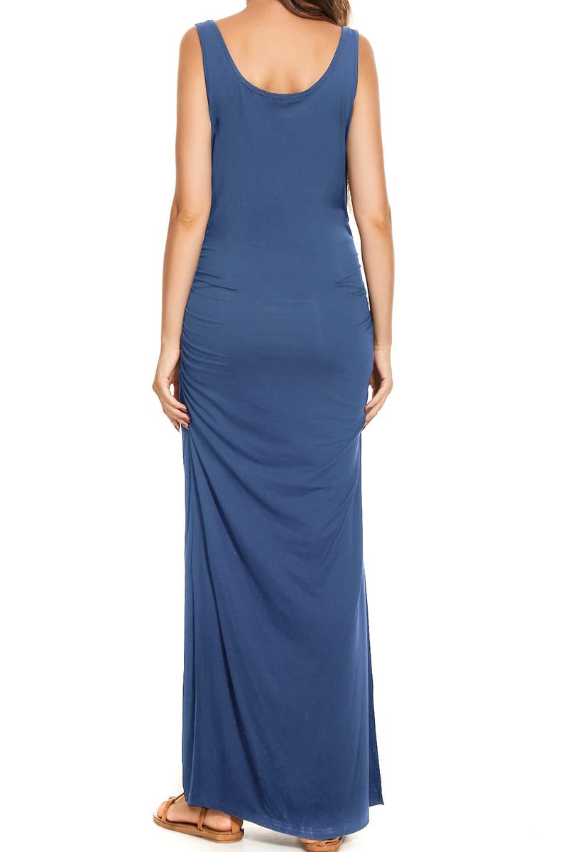 Smallshow Women's Split Long Maternity Dress Sleeveness Ruched Pregnancy Clothes Medium Grey Blue - Image 4