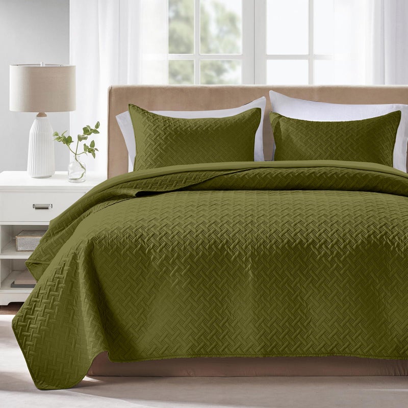 FLYMME Quilts Queen Size,Lightweight Olive Green Bedspreads,Basket Weave Pattern,Ultra Soft Microfiber Bed Coverlet 3 Pieces for All-Seasons (1 Quilt,2 Shams) - Image 1