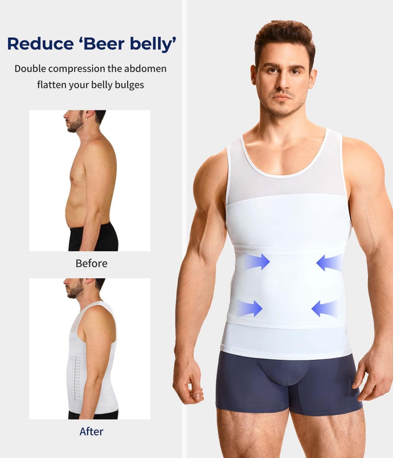 TAILONG Men Body Shaper Slimming Vest Tight Tank Top Compression Shirt Tummy Control Underwear Moobs Binder (White, XL) - Image 3