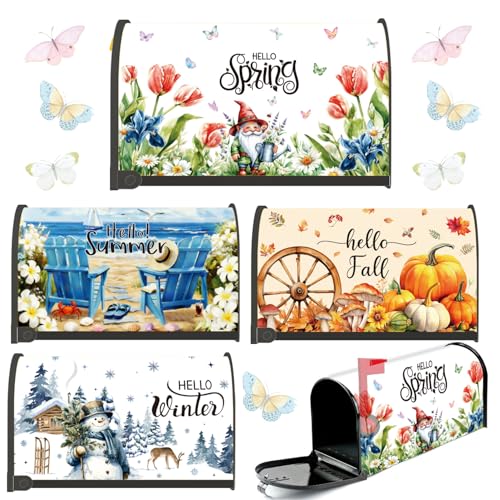 Inisajace Magnetic Mailbox Covers Standard Size 18 x 21 Inch - 4 PCS Seasonal Hello Spring Summer Fall Winter Magnetic Mailbox Covers Wraps, Outside Garden Patio Yard Home - Image 1