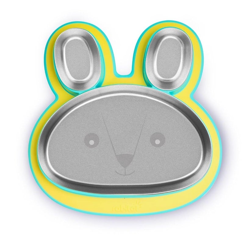 Rabitat Hoppy Playte Anti Skid Stainless Steel Divided Plate Yellow - 2 Years Brand Warranty | Unbreakable 3 Sections Self Feeding Training Divider Plate for Baby | Toddlers and Kids - 430ml - Image 1