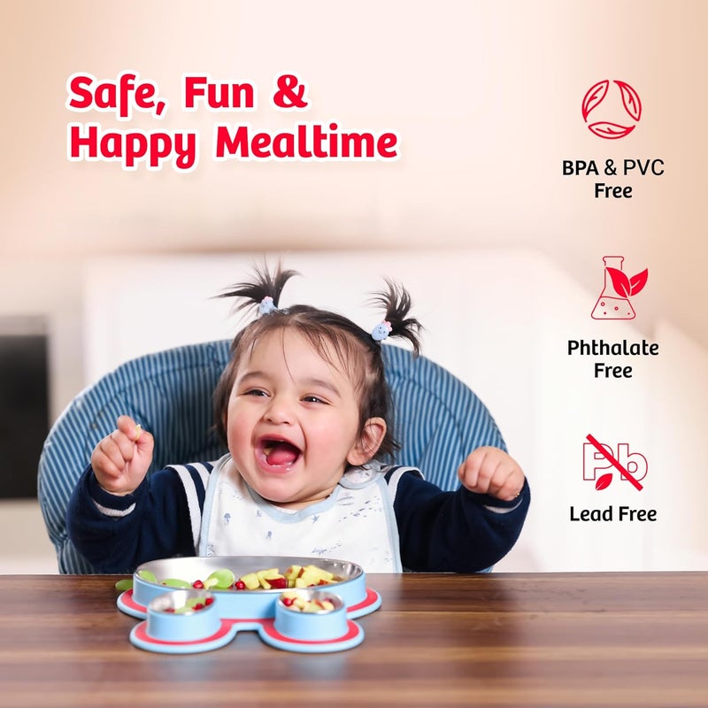 Rabitat Hoppy Playte Anti Skid Stainless Steel Divided Plate Yellow - 2 Years Brand Warranty | Unbreakable 3 Sections Self Feeding Training Divider Plate for Baby | Toddlers and Kids - 430ml - Image 5