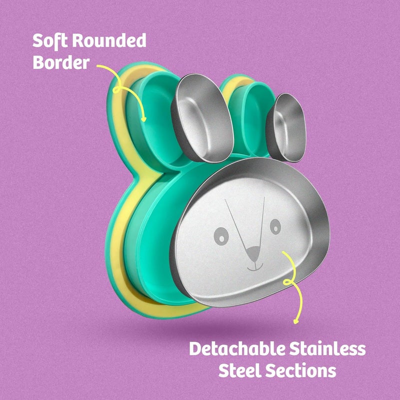 Rabitat Hoppy Playte Anti Skid Stainless Steel Divided Plate Yellow - 2 Years Brand Warranty | Unbreakable 3 Sections Self Feeding Training Divider Plate for Baby | Toddlers and Kids - 430ml - Image 2
