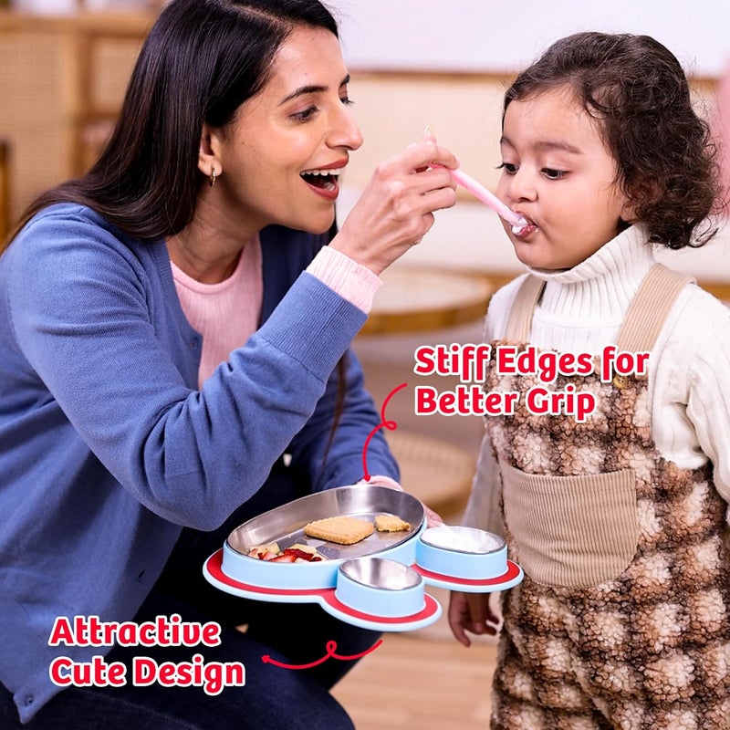 Rabitat Hoppy Playte Anti Skid Stainless Steel Divided Plate Yellow - 2 Years Brand Warranty | Unbreakable 3 Sections Self Feeding Training Divider Plate for Baby | Toddlers and Kids - 430ml - Image 3