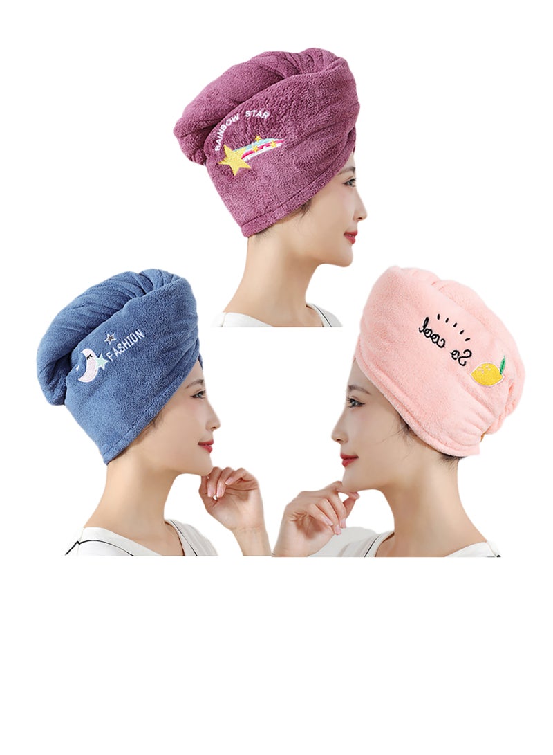 Microfibre Hair Drying Turban Wrap Towels, Pack of 3, Absorbant Soft and Quick-Dry Microfibre Towel with embroidry for Women -Colors: Blue, Pink,Plum  - Image 1