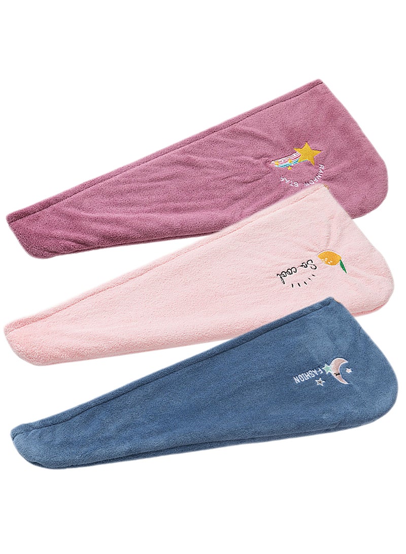Microfibre Hair Drying Turban Wrap Towels, Pack of 3, Absorbant Soft and Quick-Dry Microfibre Towel with embroidry for Women -Colors: Blue, Pink,Plum  - Image 2